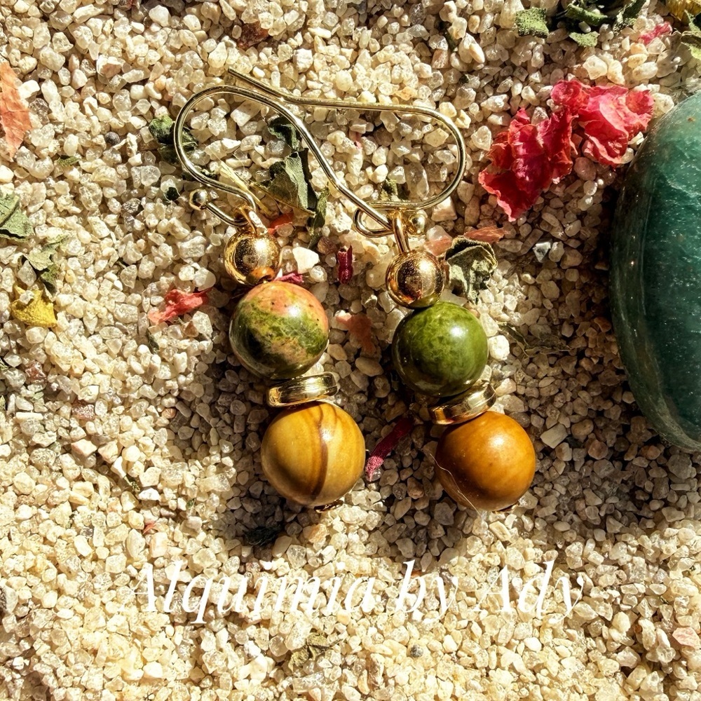 Fall + gemstones Green unakite tan jasper and Gold Beaded Earrings
